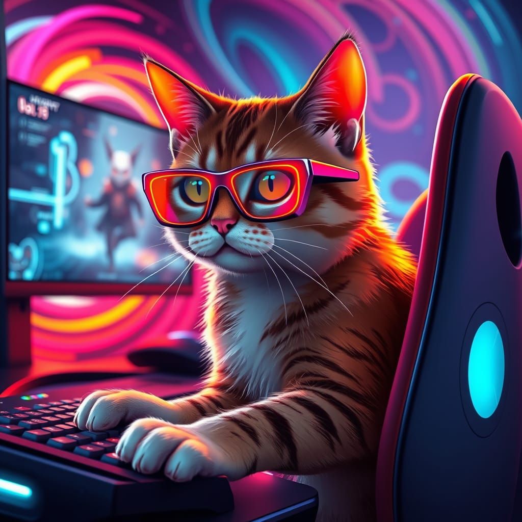 Futuristic Cat Gamer in Neon-Lit Cyberpunk Style