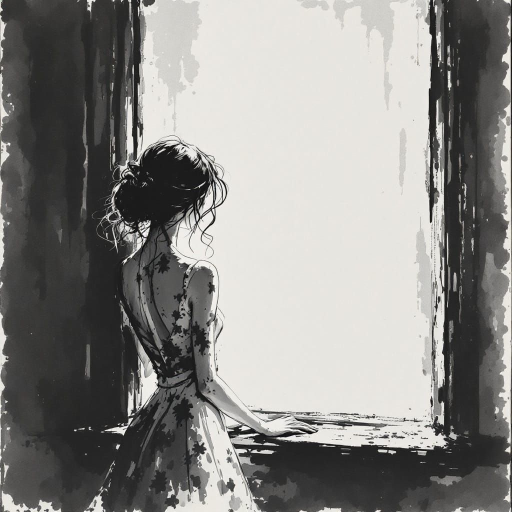 Elegant Woman by a Window in European Ink Painting Style