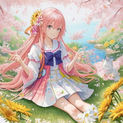 Whimsical Anime Girl in a Floral Wonderland