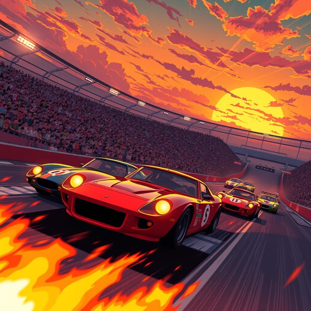 Retro Race Cars at Sunset in Anime Style
