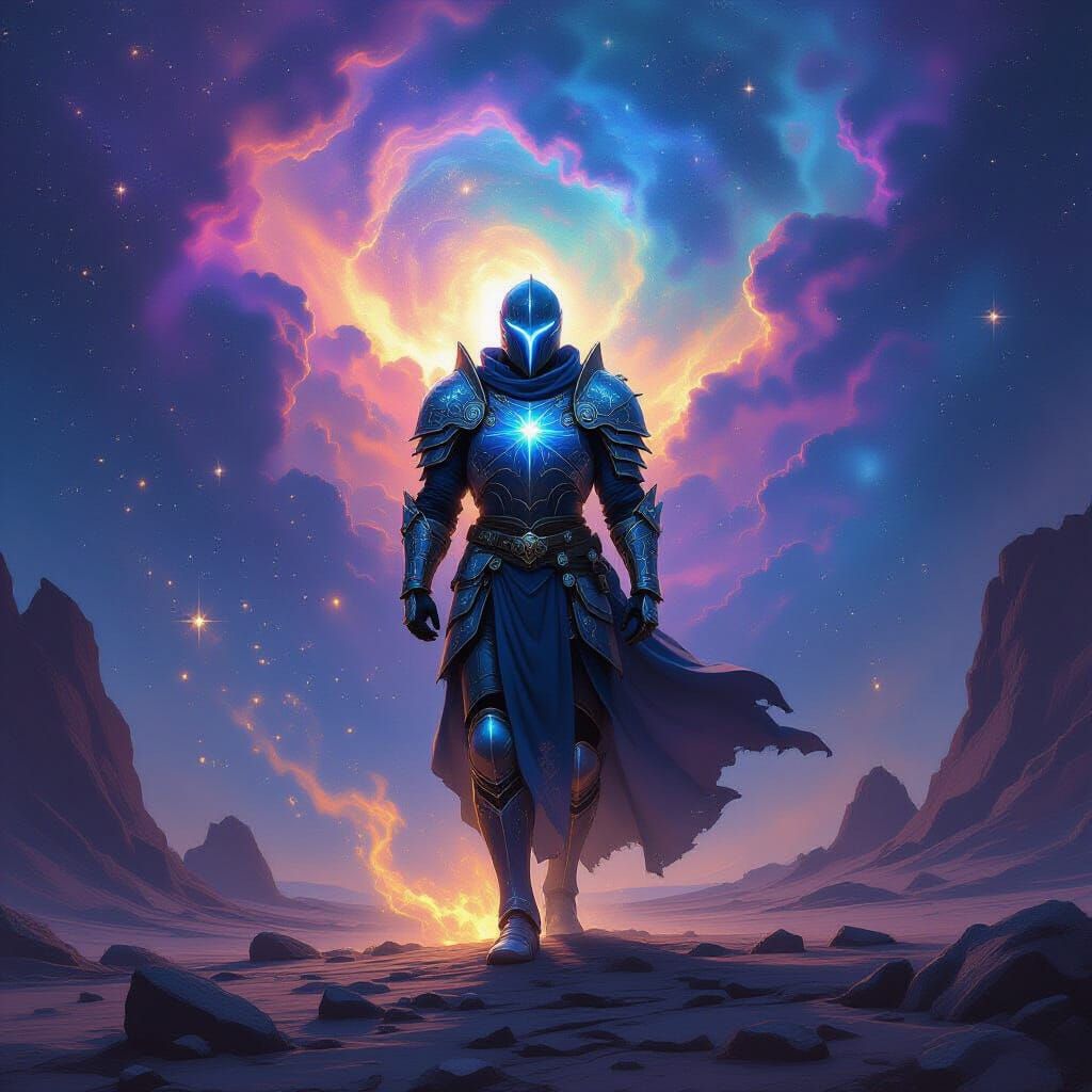 Celestial Squire on Rocky Planet in Nebula