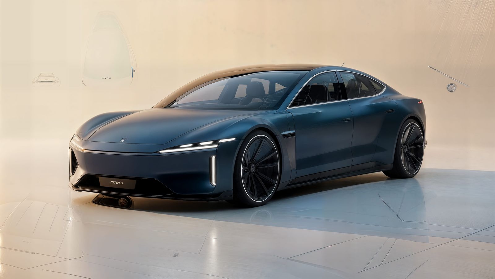 Futuristic Electric Sedan in Matte Midnight Blue