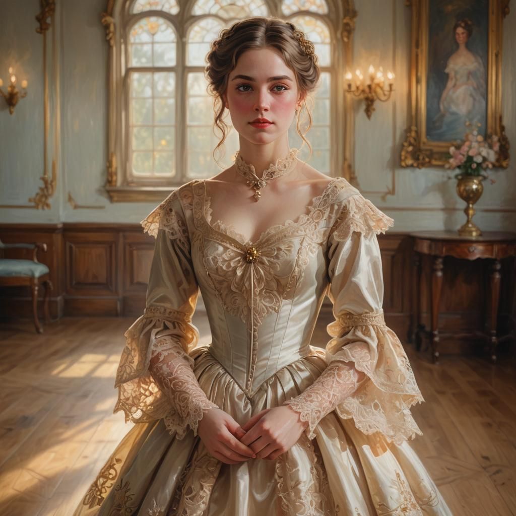 Victorian Maiden in Ballroom: Romantic Oil Painting
