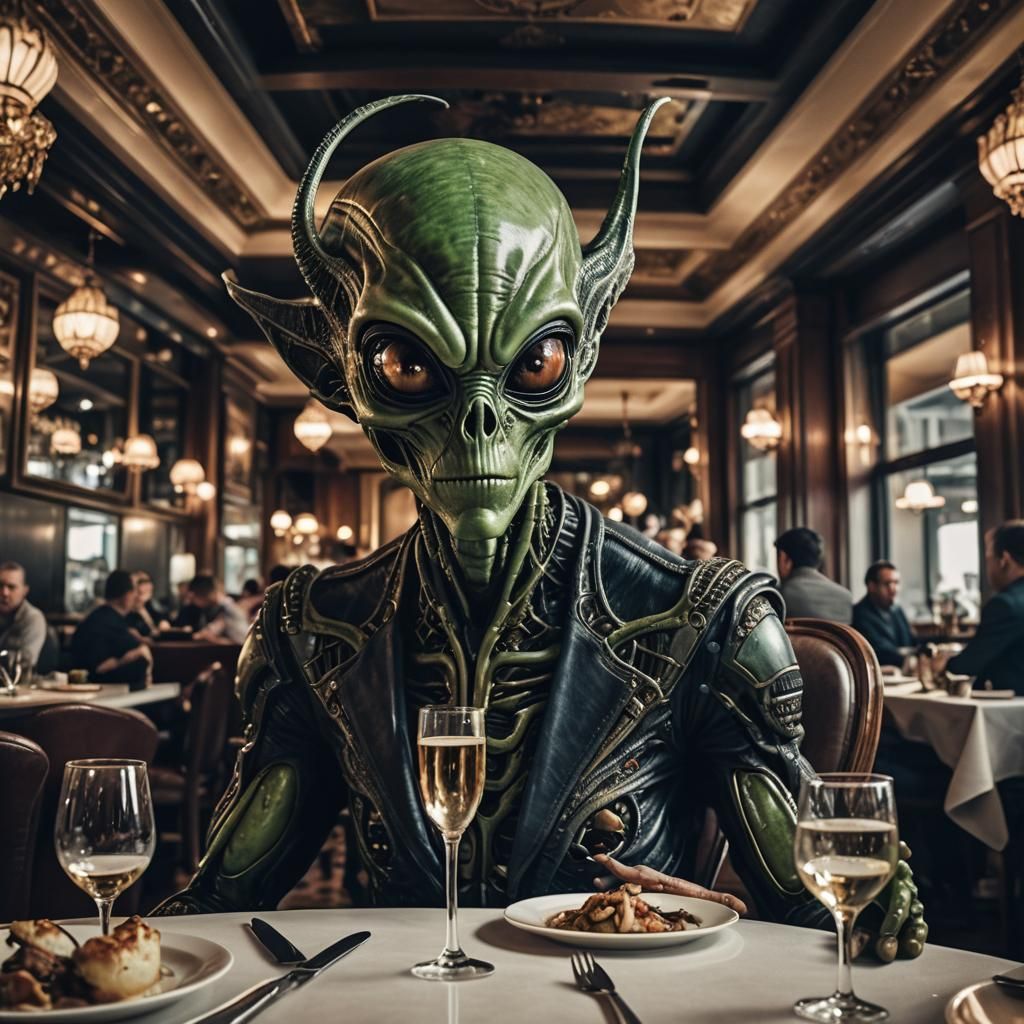 Alien's Fancy Restaurant Date in Hyperrealistic Style