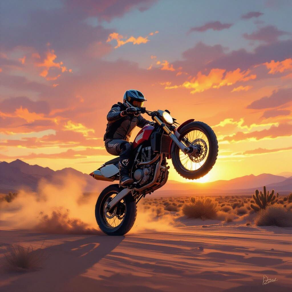 Motorcycle Wheelie on Dusty Desert Road at Sunset