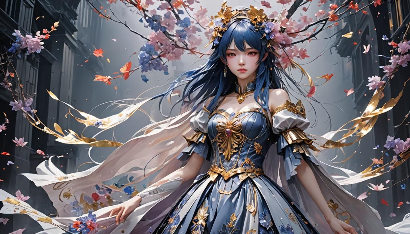 Anime-Inspired Woman in Glass Dress: Digital Art