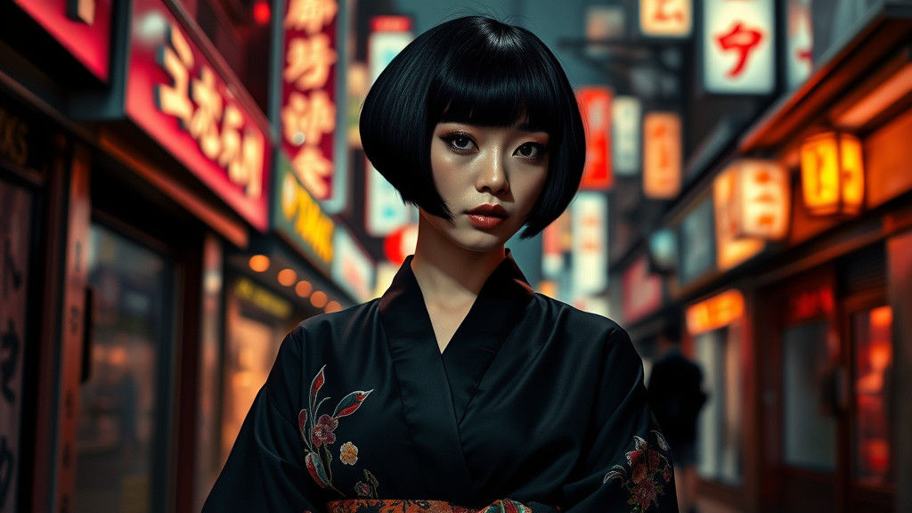 Tokyo Woman in Kimono with Ink Brushstrokes