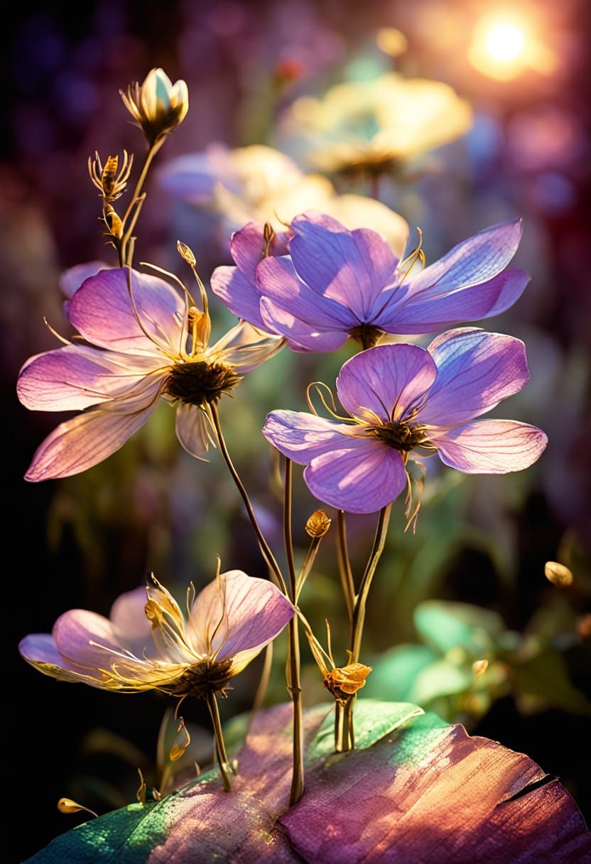 Vibrant Garden at Dusk with Glowing Fireflies