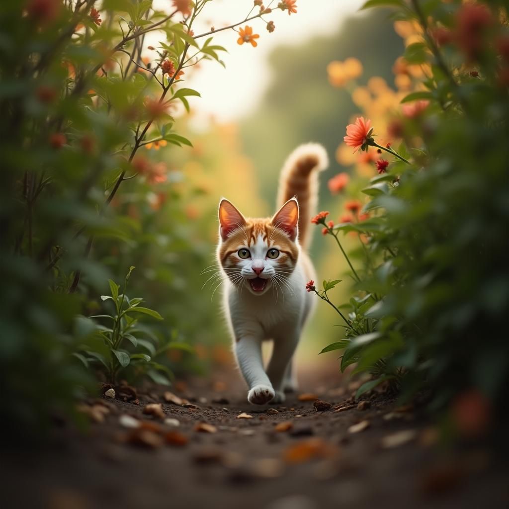 A white and orange tabby cat is seen happily darting through a dense garden, as if chasing something. Its eyes are wide ...