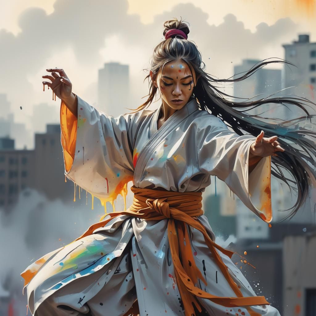 Female Monk in Cityscape Graffiti Art