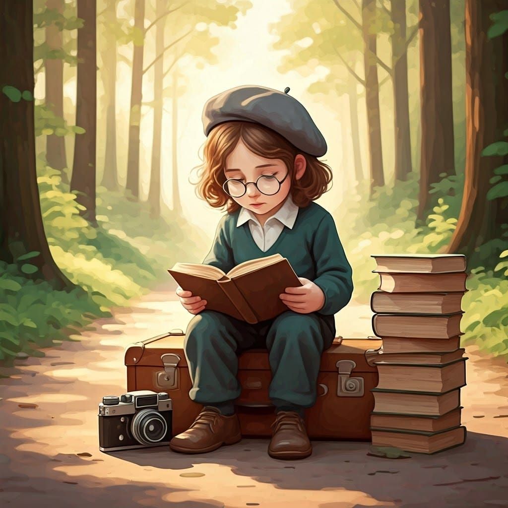 Boy Reading Book in Forest, Watercolor Illustration