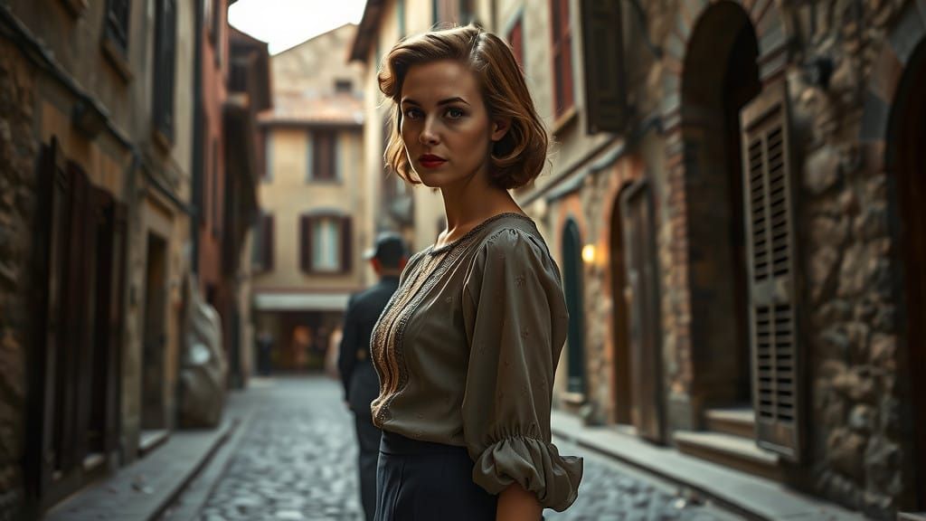 Elegant French Villager in Occupied 1940s Town Square