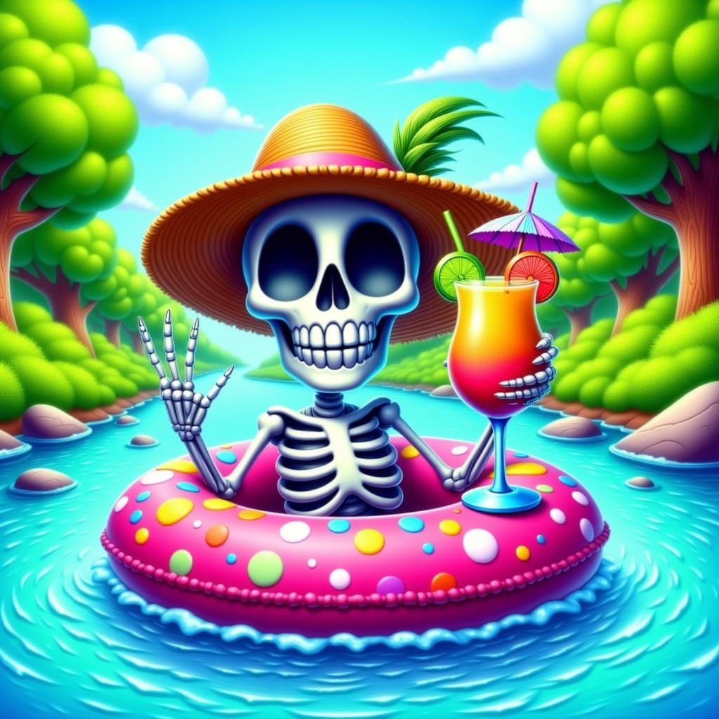 Cute Skeleton Tubing Down River With Tropical Drink