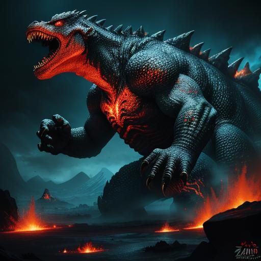 Godzilla Emerges from Lava Cavern: Fantasy Concept Art