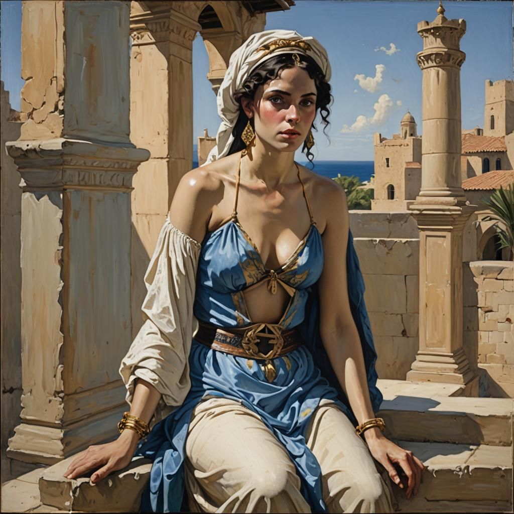 Bathsheba's Rooftop Revelation: An Oil Painting