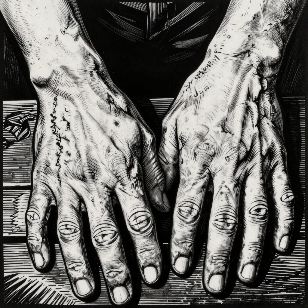 Weathered Hands in Stark Linocut Style