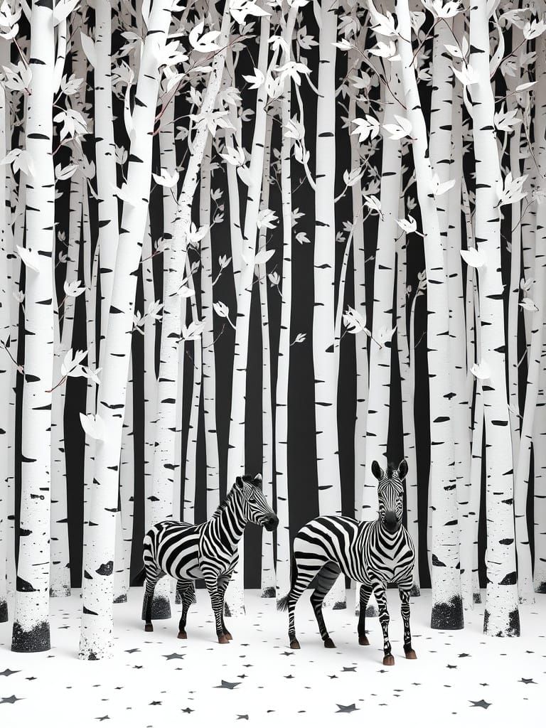 8K Photorealistic Zebras in a Snowy Birch Forest