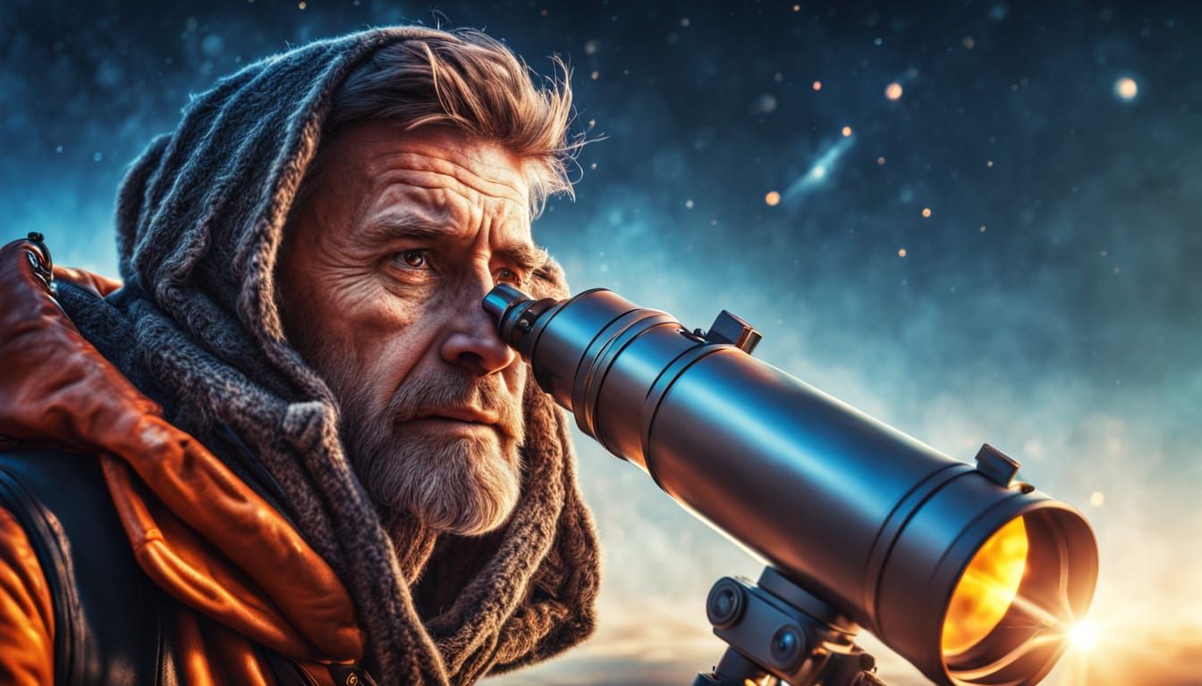 Man Travels Through Telescope: Hyper-Realistic Fantasy