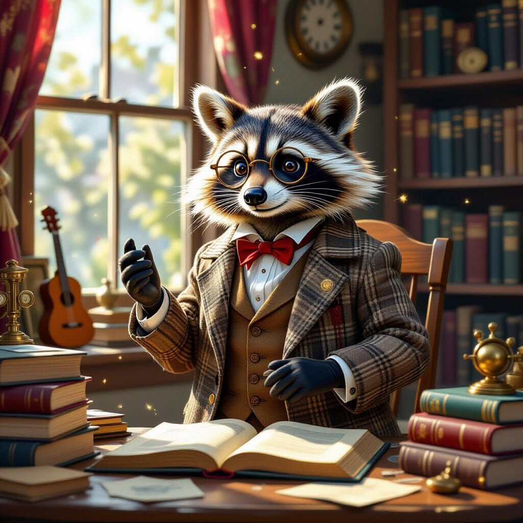 Raccoon Professor in Cluttered Study, Digital Painting
