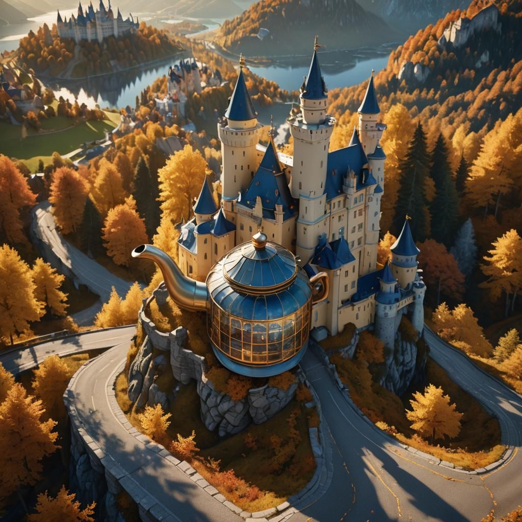 Glass Teapot on Autumn Road in Fantasy Landscape