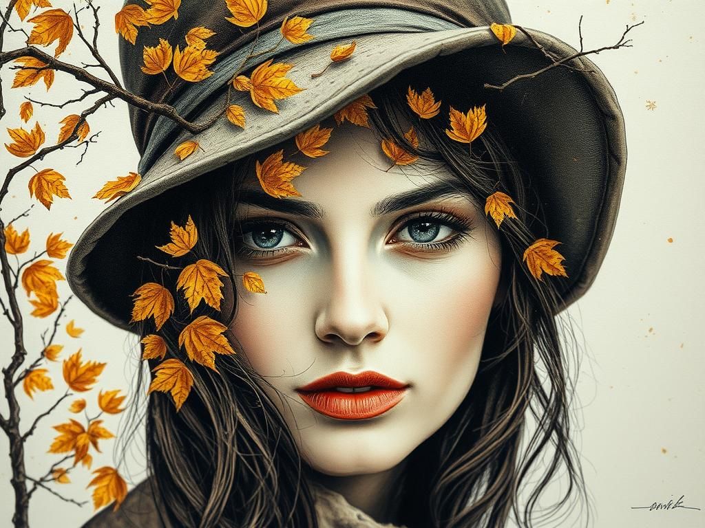 Autumn Woman Collage in Steampunk Origami Style