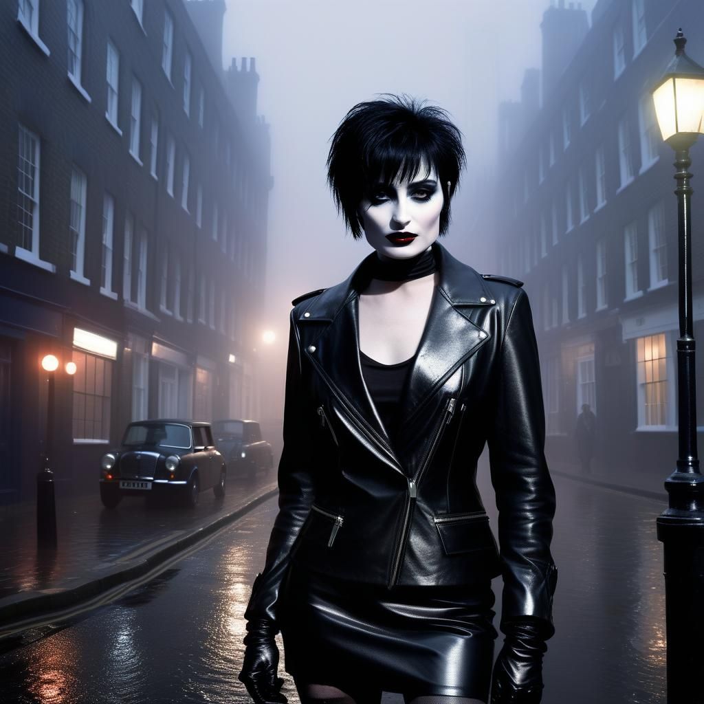 Siouxsie Sioux in Leather on Foggy London Street