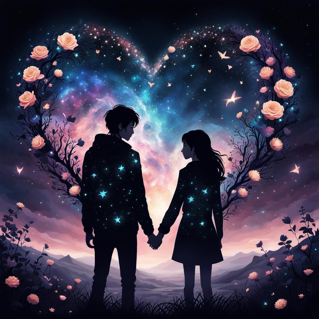 Lovers Gaze at Starry Heart in Dark Fantasy Art