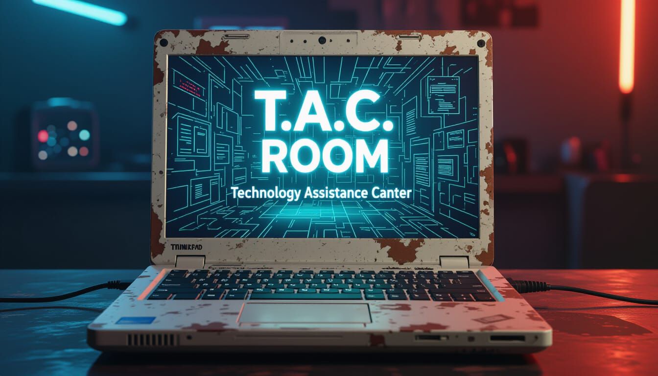 Worn Laptop Displaying T.A.C. Room in Gritty Futurism