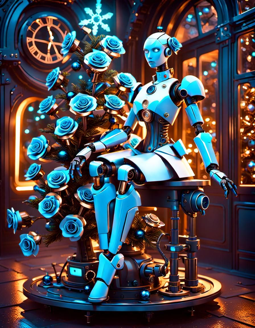 Steampunk Robot Decorates Christmas Tree with Neon Lights