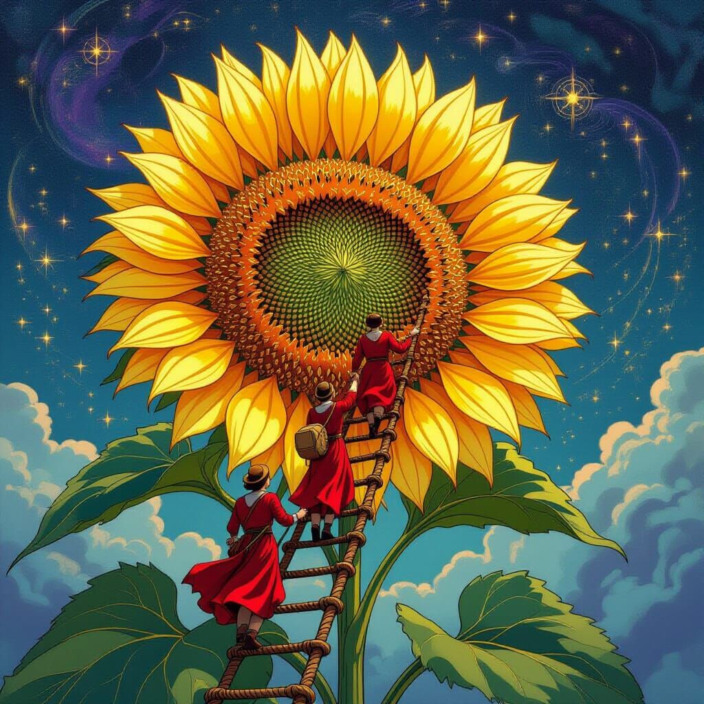 Explorers Ascend Giant Bioluminescent Sunflower in Nebula Sk...