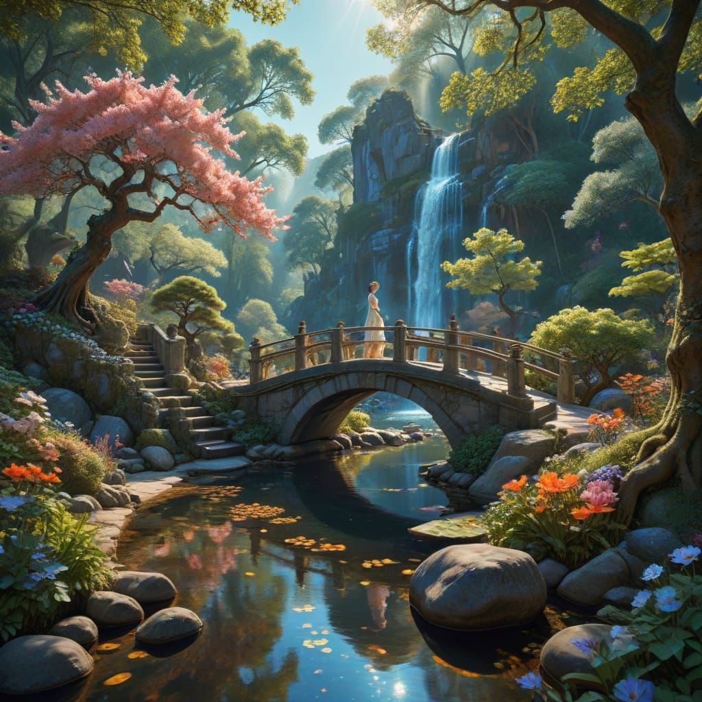 Zen Garden Lake with Meditating Woman and Shakra Trees