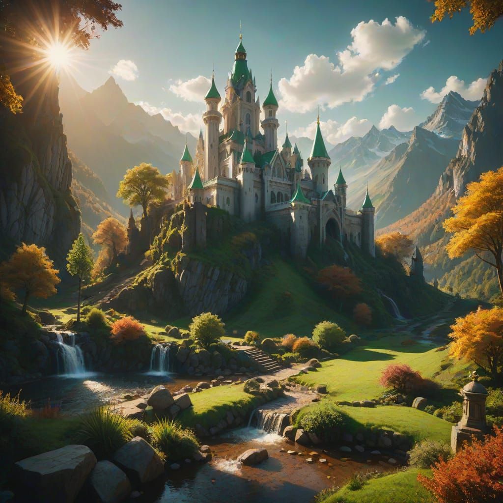 Majestic Tower in Valley, Cinematic Fantasy Art