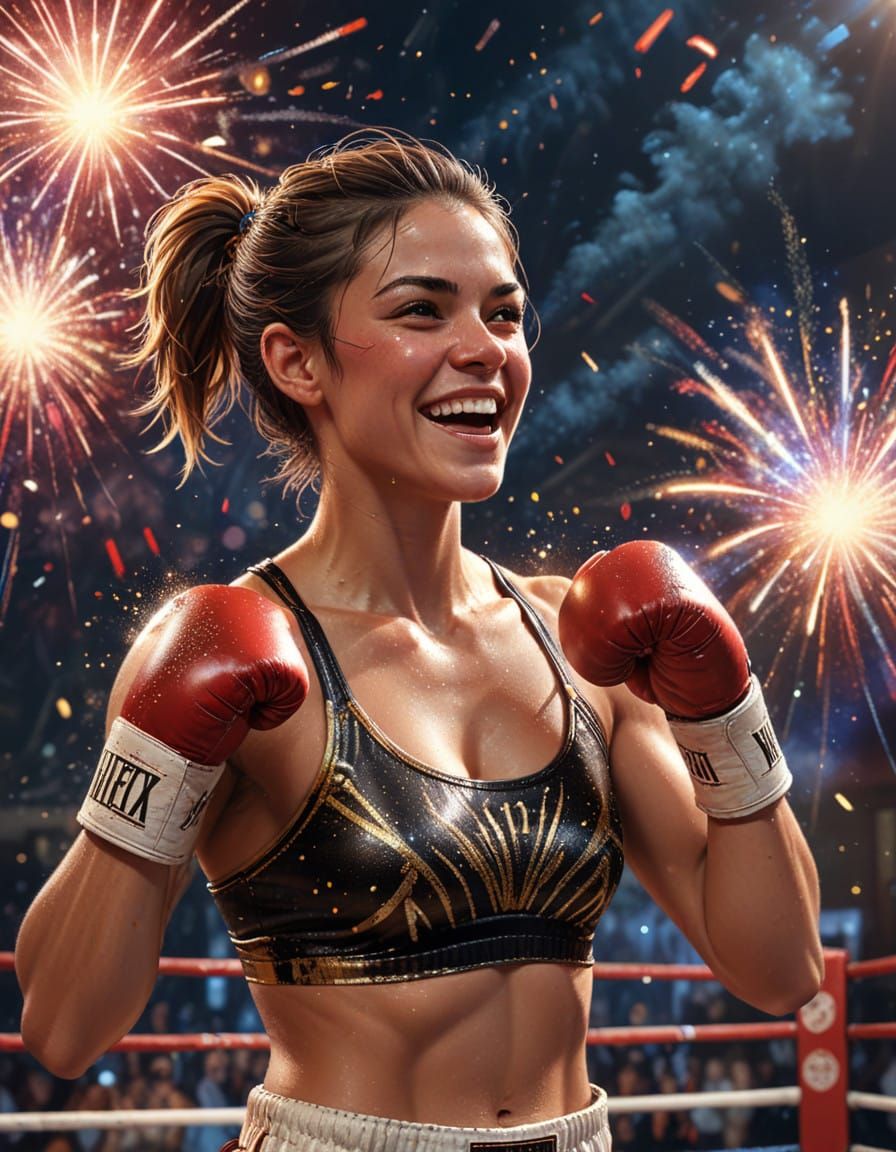 Celebratory Female Boxer in a Sparkling Boxing Ring