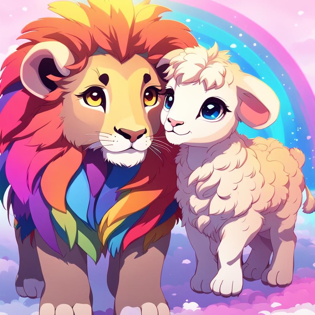 Cute Lion and Lamb in Rainbow Anime Style