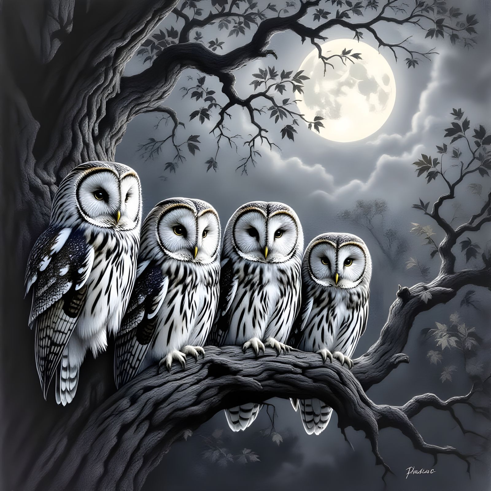 Owls in Moonlight: Hyperdetailed Charcoal Drawing