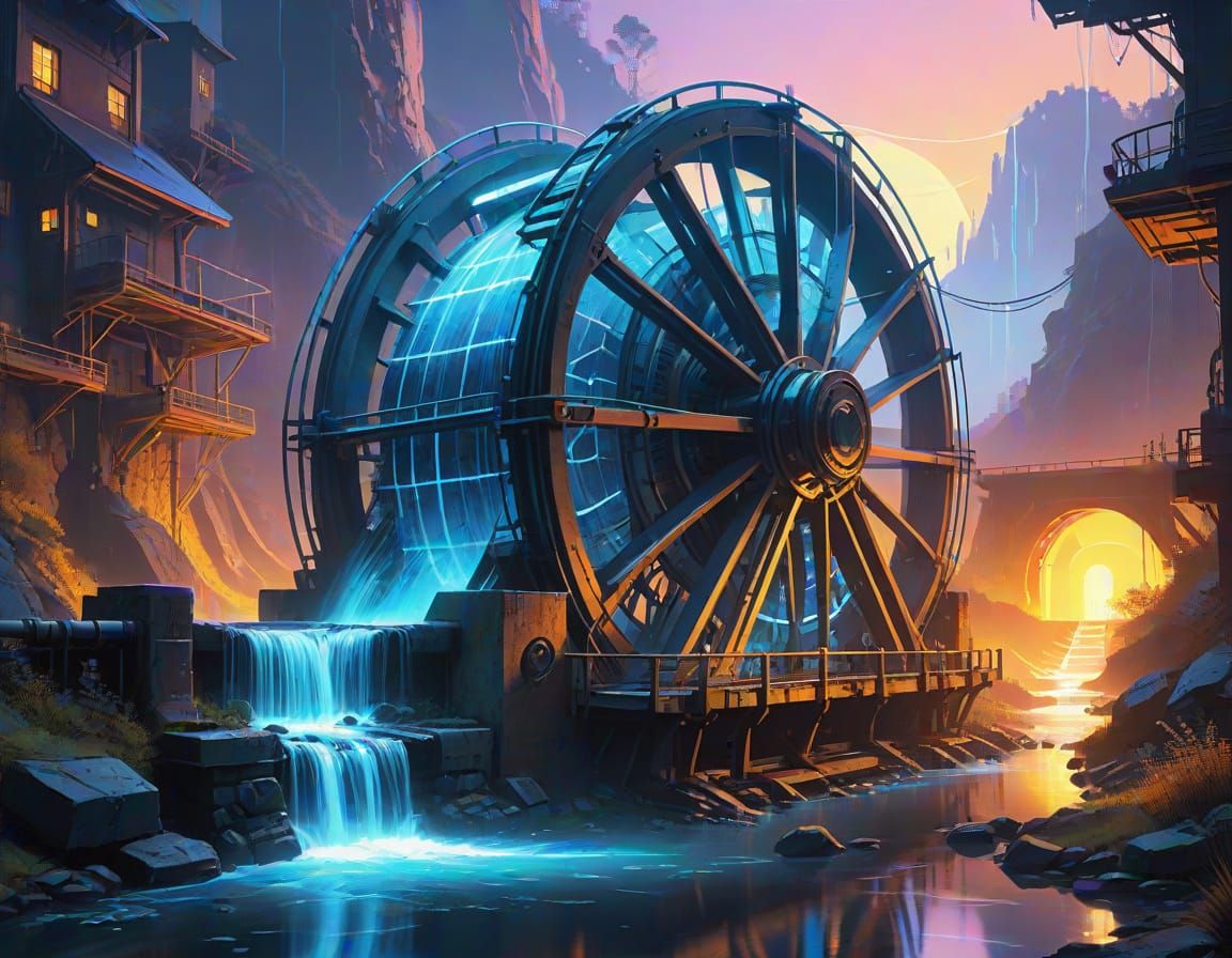 Futuristic Waterwheel Harnessing Energy in Neon-Lit Landscap...