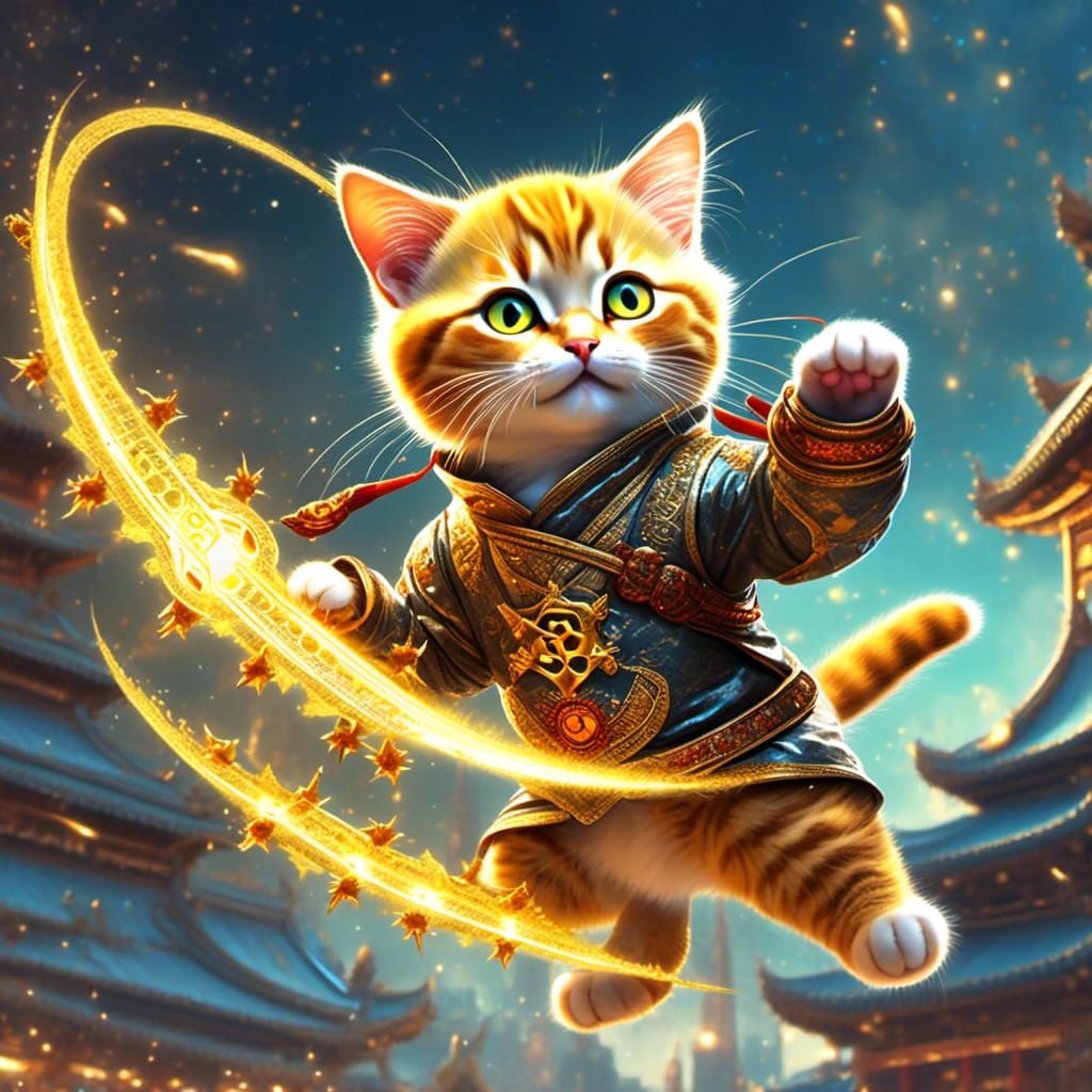 Ninja Cat Soaring with Shuriken, Bioluminescent Eyes