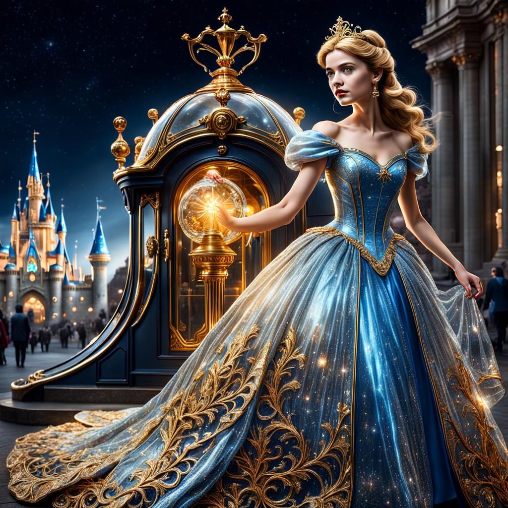 Hyperrealistic Cinderella in Glass Dress with Golden Tesla