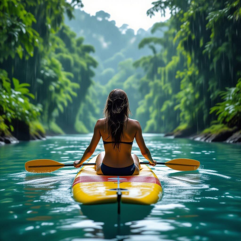 Woman Surfing River in Lush Rainforest