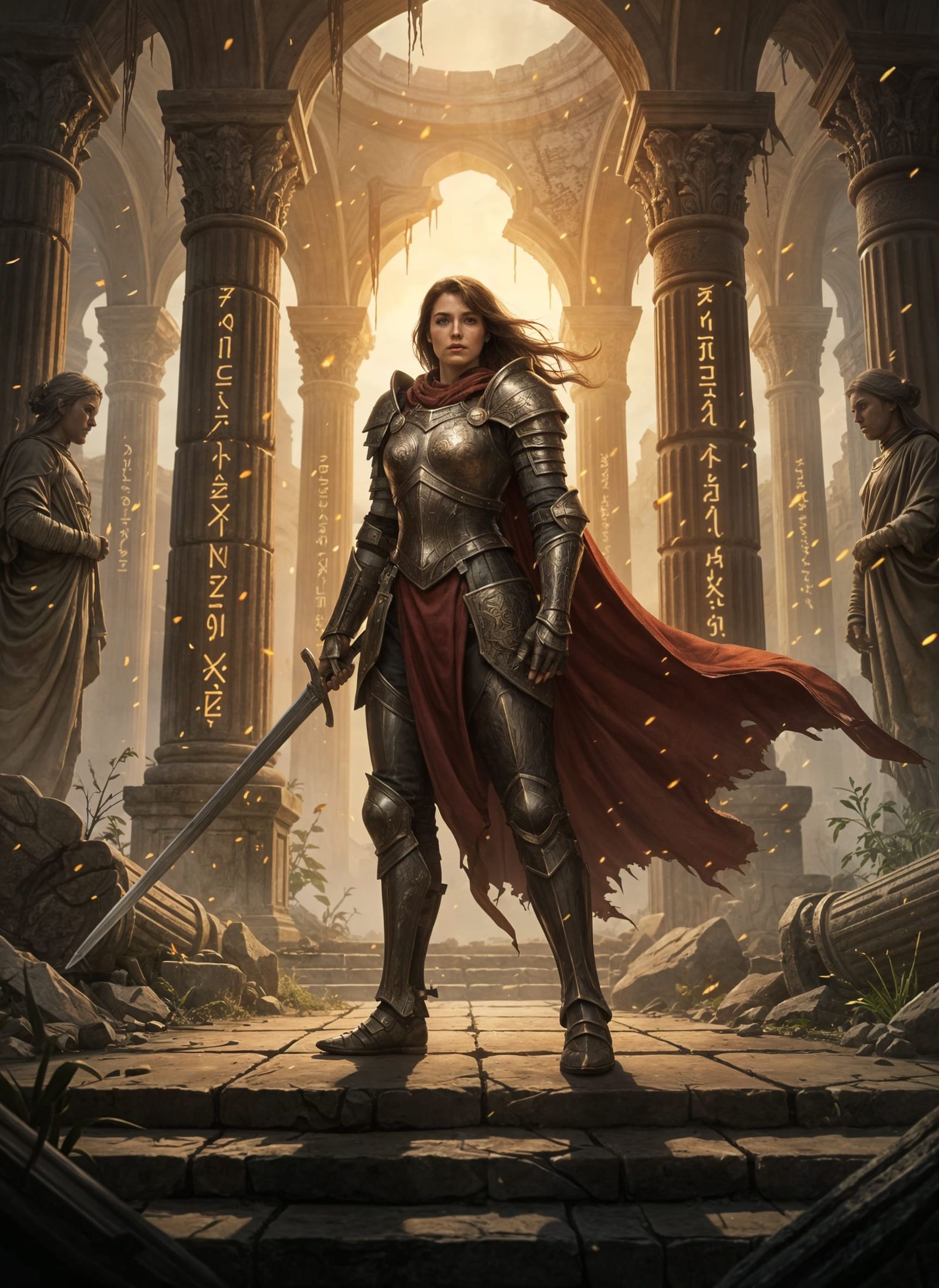 Warrior Princess in Ancient Ruins, Cinematic Digital Paintin...