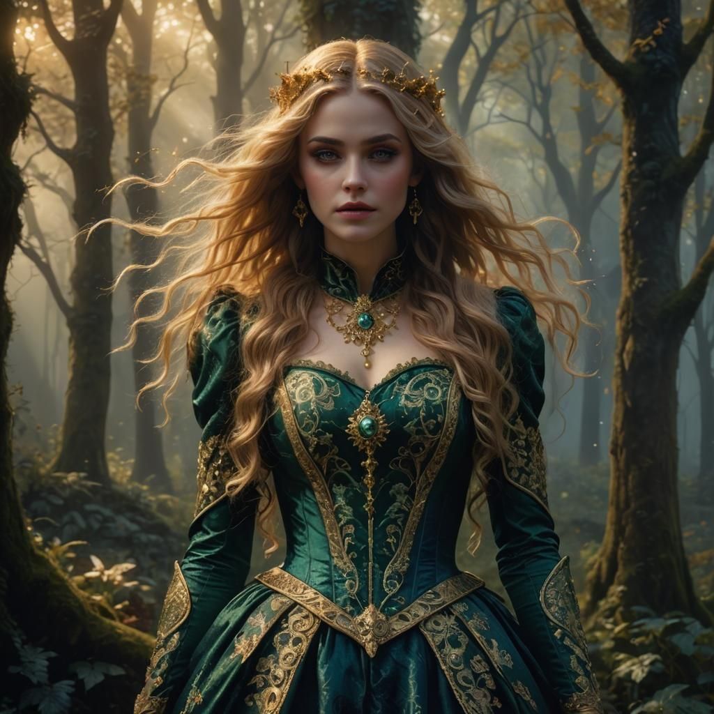 Majestic Woman in Fairy-Tale Forest: Ethereal Fantasy