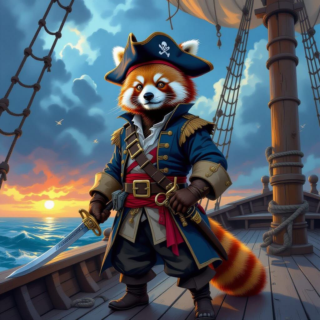 an red panda like bear-folk, dresses in pirate garb, a board...