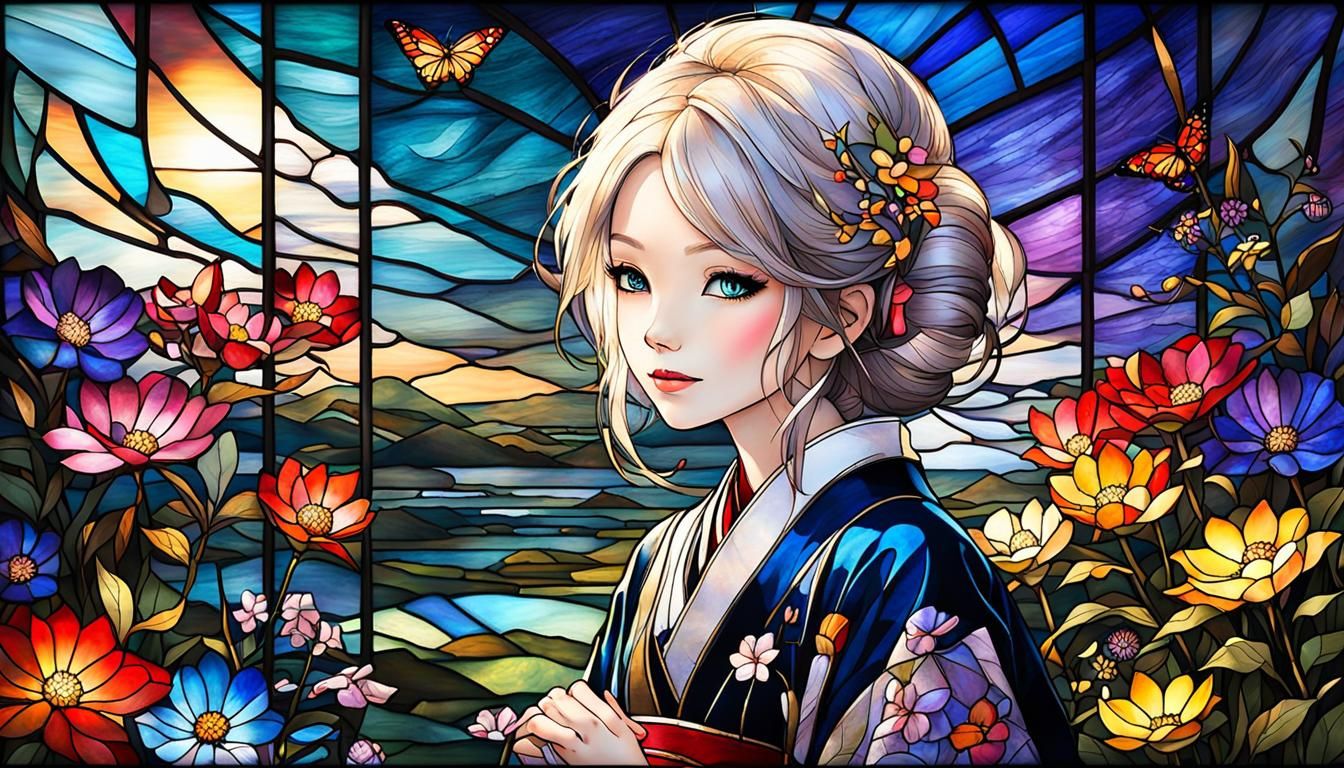 Stained Glass Toddler in Wildflowers: Digital Art