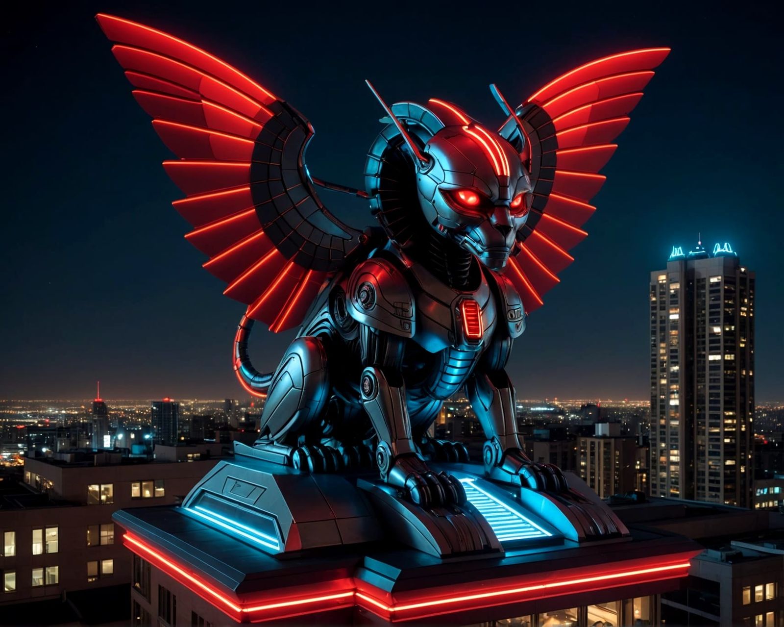 Mechanical Sphinx in Retro 90s Sci-Fi Cityscape