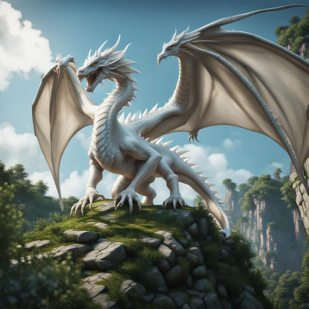 Terrifying White Dragon on Cliff in 3D Cinematic Style