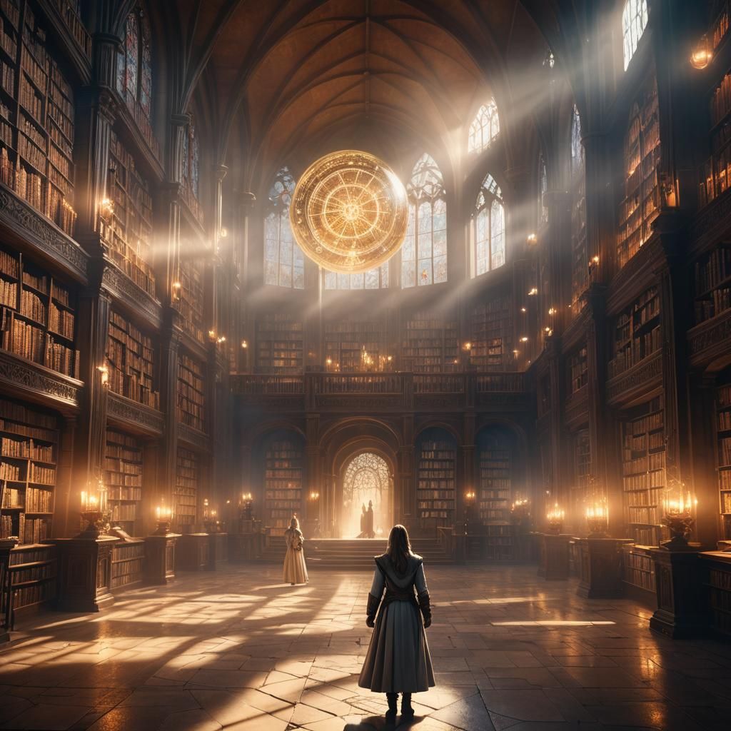 Mystical Seeker in Baroque Library with Unicorns