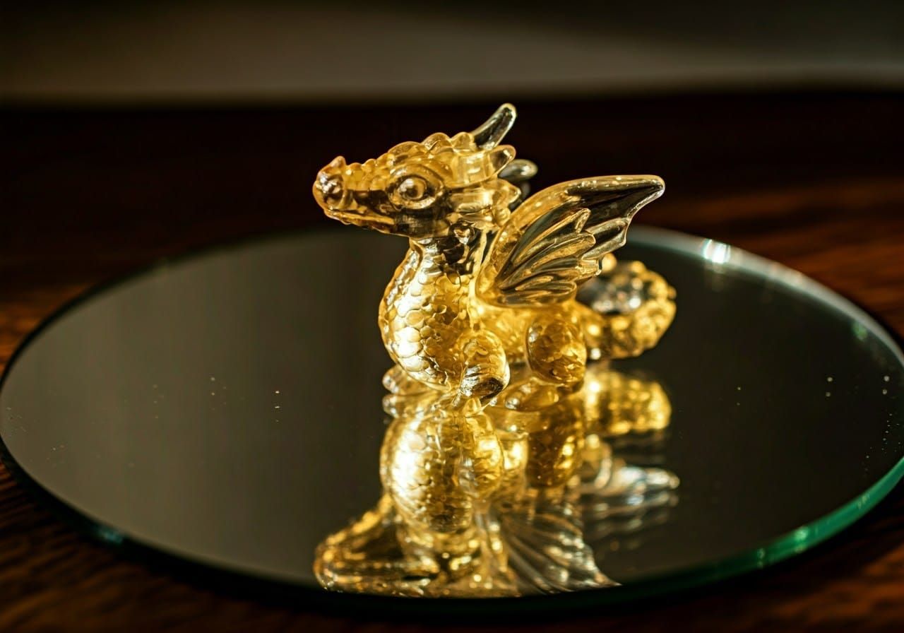 Iridescent Citrine Dragon Figurine on Mirrored Surface