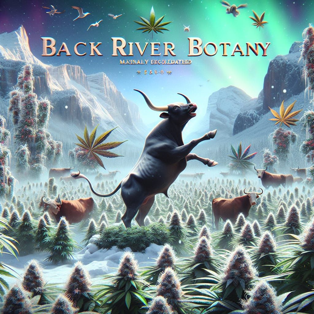 Epic Holiday Landscape with Bull in Snowy Cannabis Field, Ba...