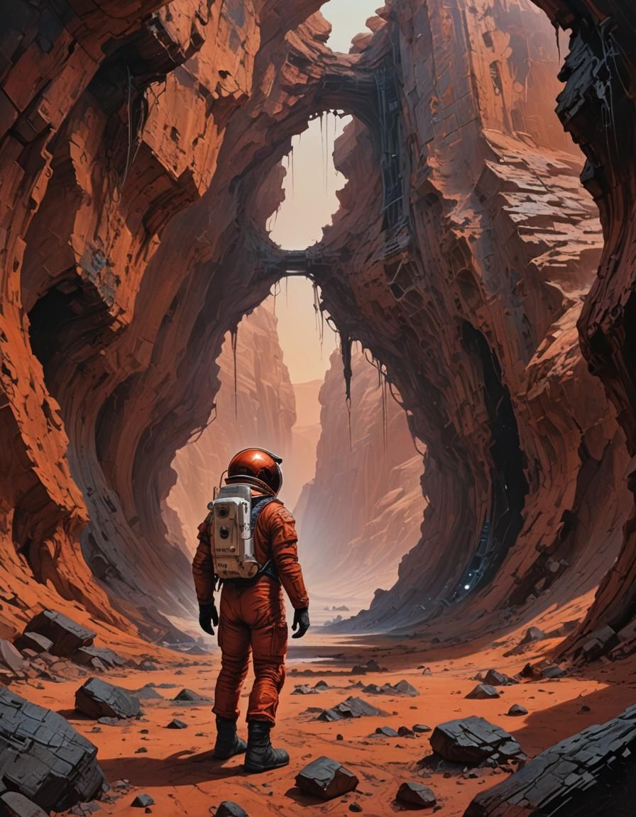 Astronaut on Mars Facing Lovecraftian Structure