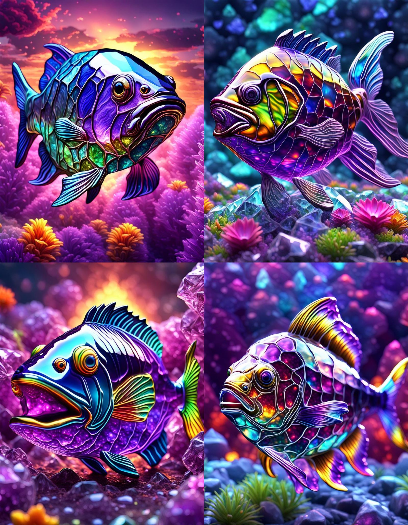 Piranha in Majestic Amethyst Crystal Landscape
